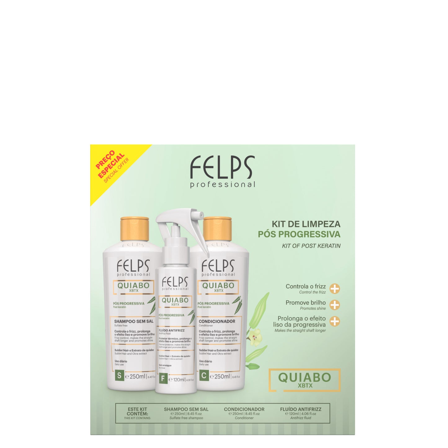Felps Professional Quiabo XBTX Post Keratin Kit | Frizz Control & Shine | 3-in-1 Set